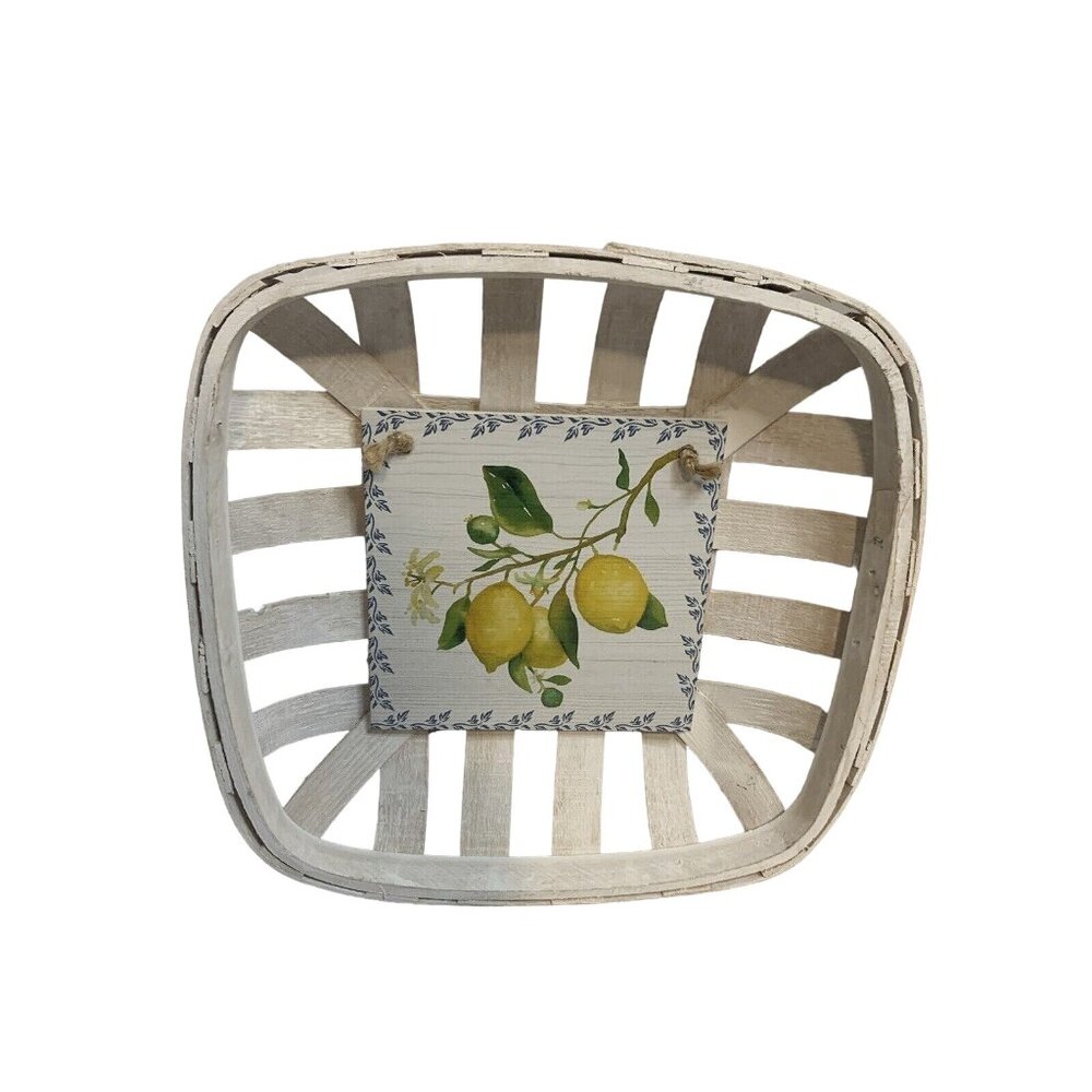 Farmhouse Tobacco Basket – Whitewashed Wood Wall Decor with Lemon Print